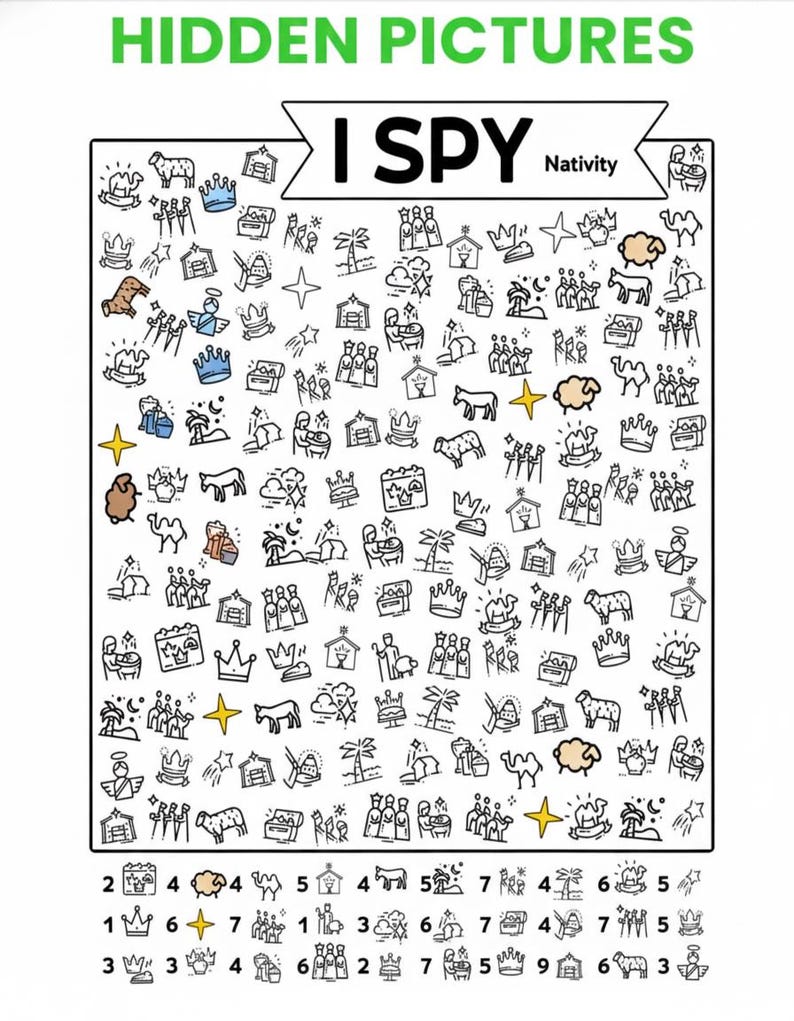 May include: A white activity sheet titled HIDDEN PICTURES I SPY Nativity featuring a grid of black line art icons related to the nativity scene, including camels, sheep, crowns, and stars, with a counting key at the bottom for each icon type.