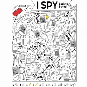 May include: A black and white Hidden Pictures I Spy Back to School activity sheet featuring a red pencil case and a yellow lightbulb. The page contains various school-themed line art illustrations like books, calculators, clocks, and scissors.
