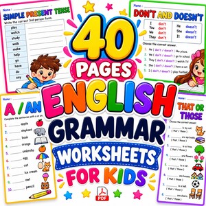 Puede incluir: Una colección de 40 fichas de gramática inglesa para niños con texto e ilustraciones coloridas. Las páginas incluyen ejercicios sobre el presente simple, don't y doesn't, a o an, y that o those, con personajes de dibujos animados.