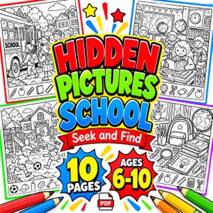 Op de afbeelding: Een digitaal activiteitenboek getiteld Hidden Pictures School Seek and Find met 10 pagina's voor kinderen van 6-10 jaar. De omslag toont vier zwart-wit kleurplaten van het schoolleven, waaronder een schoolbus, klaslokaal en speelplaats.