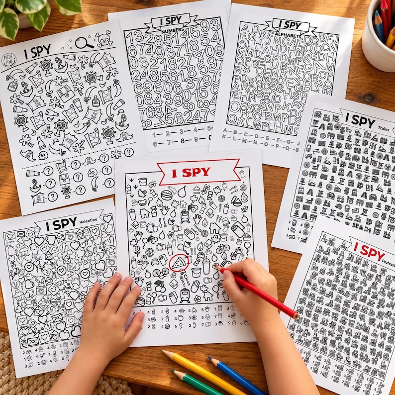 May include: A collection of six black and white I Spy activity sheets featuring various themes including numbers, alphabets, trains, and Valentine's Day. Each page contains a grid of small line-art illustrations with a corresponding checklist below.