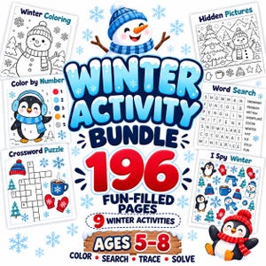 May include: A Winter Activity Bundle featuring 196 fun-filled pages for ages 5-8. The collection includes nine winter activities such as winter coloring, hidden pictures, color by number, word search, crossword puzzles, and I spy winter games.