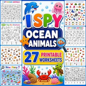May include: A colorful educational worksheet set titled "I Spy Ocean Animals" with 27 printable pages. The cover features a dolphin, jellyfish, and starfish. The worksheets include counting and I Spy activities with sea creatures.