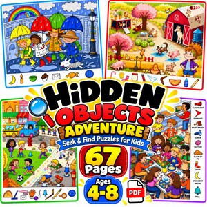 Op de afbeelding: Een digitaal activiteitenboek getiteld Hidden Objects Adventure Seek & Find Puzzles for Kids, met 67 pagina's aan kleurrijke illustraties, waaronder regenachtige stadsscènes, boerderijlandschappen en schoolomgevingen met diverse zoekobjecten.