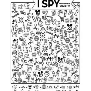 May include: A black and white Hidden Pictures I Spy activity sheet featuring various icons related to the COVID-19 pandemic, including virus cells, toilet paper, masks, hand sanitizer, and the text CANCELED, I SPY, and coronavirus COVID-19.