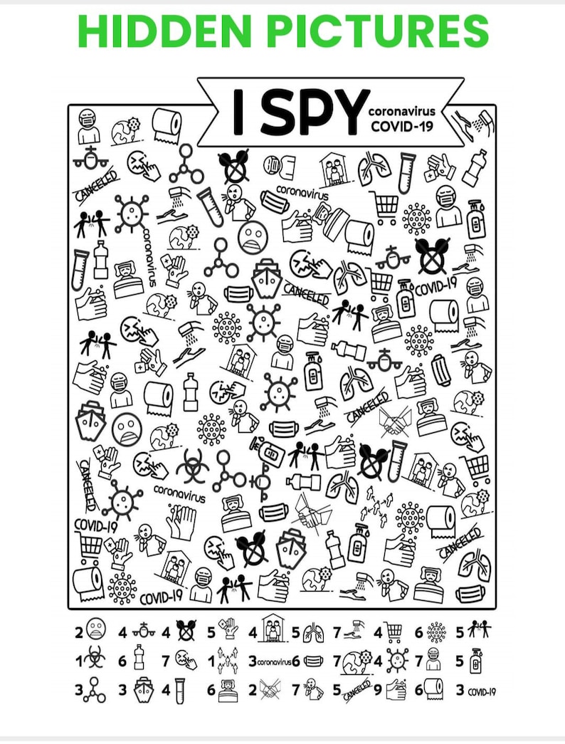 May include: A black and white Hidden Pictures I Spy activity sheet featuring various icons related to the COVID-19 pandemic, including virus cells, toilet paper, masks, hand sanitizer, and the text CANCELED, I SPY, and coronavirus COVID-19.