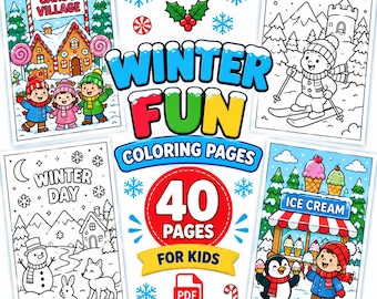 May include: A digital collection of 40 winter-themed coloring pages for kids, featuring illustrations of a candy village, a child skiing, a winter day with a snowman, and an ice cream stand with a penguin, all labeled Winter Fun Coloring Pages.