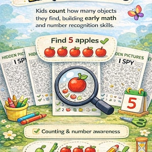 May include: An educational activity sheet set titled I Spy featuring hidden pictures, a magnifying glass, five red apples, a calendar with the number 5, crayons, and an hourglass. Text includes Supports Early Math Skills and Counting & number awareness.