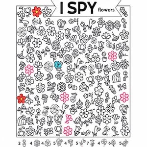 May include: A Hidden Pictures I SPY flowers activity sheet featuring a grid of various black and white line-art flower illustrations, with some flowers highlighted in red, pink, and blue, and a counting key at the bottom with numbers and icons.