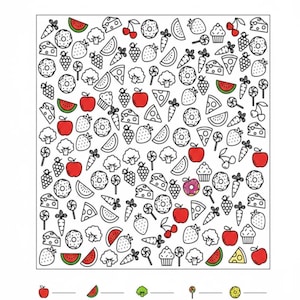 May include: A Hidden Pictures activity sheet featuring a grid of black and white line art illustrations of food items like carrots, cheese, grapes, and donuts, with some items colored in red, green, or pink. A legend at the bottom lists items to find.
