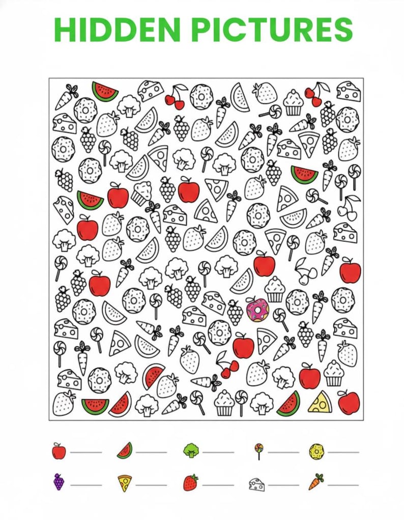 May include: A Hidden Pictures activity sheet featuring a grid of black and white line art illustrations of food items like carrots, cheese, grapes, and donuts, with some items colored in red, green, or pink. A legend at the bottom lists items to find.