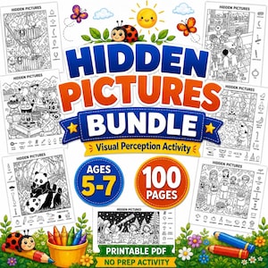 May include: A Hidden Pictures bundle activity book featuring 100 pages for ages 5-7. The cover displays the title in large blue and orange text, surrounded by black and white activity sheets, colorful ladybugs, butterflies, and crayons.