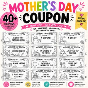 Könnte beinhalten: Ein farbenfrohes Muttertags-Gutscheinblatt mit den Worten "Mother's Day Coupon" oben. Das Blatt enthält Gutscheine für verschiedene Aktivitäten wie einen Abend ohne Kochen, eine Autowäsche und einen freien Tag. Die Gutscheine sind zum Drucken, Ausschneiden und Verschenken gedacht.
