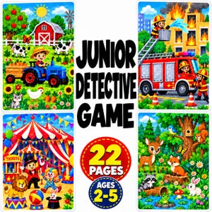 Op de afbeelding: Een Junior Detective Game met 22 pagina's voor kinderen van 2-5 jaar. De omslag toont vier kleurrijke illustraties: een kind op een blauwe tractor, brandweerlieden met een rode wagen, een circustafereel met een leeuw en bosdieren.