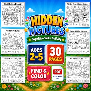 May include: A colorful PDF activity book titled "Hidden Pictures" for ages 2-5, featuring 30 pages of find-and-color puzzles. The cover displays various themed hidden object scenes, including winter, Easter, and underwater scenes.