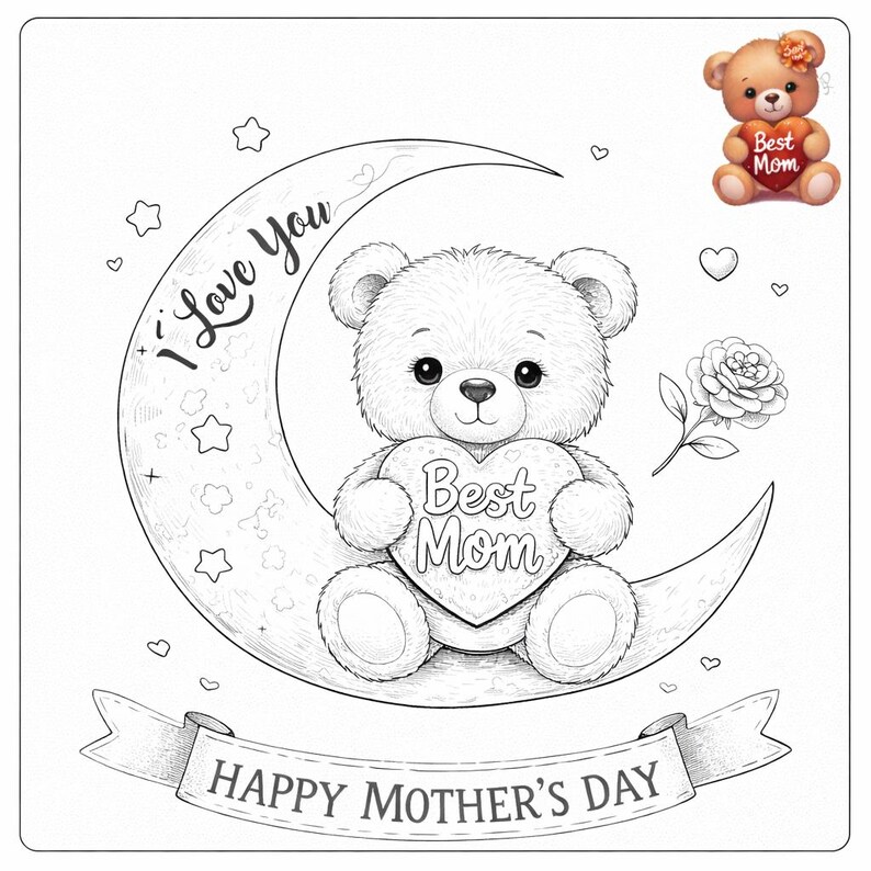 Mothers Day Teddy Bear Coloring Pages Bundle, DIY Coloring Card PDF - Etsy
