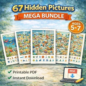 Hojas de trabajo con 67 imágenes ocultas, actividades de objetos ocultos para niños, PDF imprimible