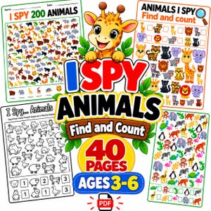 May include: A digital PDF activity book titled I Spy Animals Find and Count with 40 pages for ages 3-6. The cover features a cartoon giraffe, green leaves, and four sample activity sheets showing colorful and black-and-white animal illustrations.