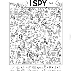 May include: A black and white I Spy activity sheet titled HIDDEN PICTURES I SPY Dad. The page features a dense grid of line art illustrations including ties, mustaches, trophies, sports balls, tools, and baby strollers, with a key at the bottom.