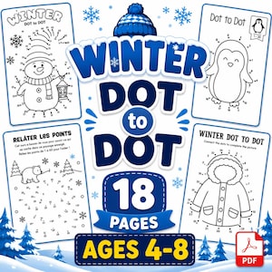 Pode incluir: Um livro de atividades digital intitulado Winter Dot to Dot com 18 páginas para idades de 4 a 8 anos. A capa exibe um gorro de lã azul, flocos de neve e quatro folhas de exemplo com um boneco de neve, um pinguim, um urso e um casaco de inverno.