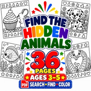 Op de afbeelding: Een digitaal activiteitenboek-omslag getiteld Find The Hidden Animals met 36 pagina's voor kinderen van 3-5 jaar. Het ontwerp toont vier zwart-wit kleurplaten met een cupcake, een puppy, een vis en giraffen, omringd door kleurrijke tekst en sterren.
