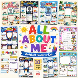 May include: A collection of ten colourful educational worksheets for children titled All About Me and My Self. Each page features fill-in-the-blank sections for personal details, hobbies, and favourites, decorated with themes like space, travel, cats, and unicorns.