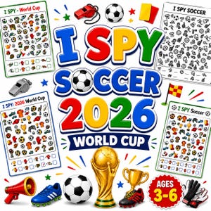 Puede incluir: Un set de actividades I Spy Soccer 2026 World Cup con cuatro hojas de juego llenas de iconos de fútbol, un trofeo dorado, un balón, un megáfono rojo, un silbato, tarjetas amarillas y rojas, guantes de portero y el texto Ages 3-6.