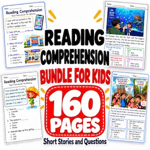 Peut inclure: Un ensemble de compréhension de lecture pour enfants comprenant 160 pages d'histoires courtes et de questions. Le document contient plusieurs fiches avec des illustrations colorées, des textes de lecture et des questions à choix multiples.