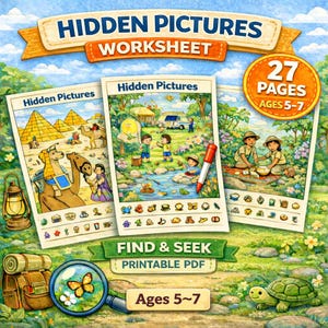 27 aktiviteter med dolda bilder för barn, sök och hitta utskrivbara, digital nedladdning i PDF-format