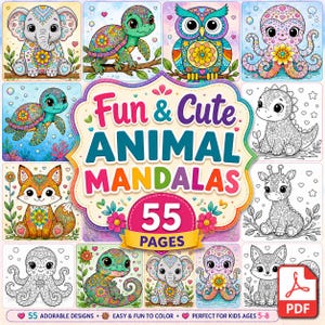 May include: A colorful coloring book titled "Fun & Cute Animal Mandalas" with 55 pages. The cover features various animal illustrations, including an elephant, turtle, owl, and octopus, each with intricate mandala designs. The book is designed for kids ages 5-8.