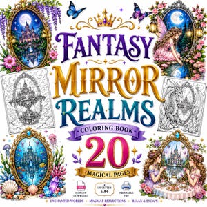 May include: A digital colouring book titled Fantasy Mirror Realms featuring 20 magical pages. The cover displays ornate gold mirrors containing colourful illustrations of castles, fairies, and dragons, alongside black and white line art samples.