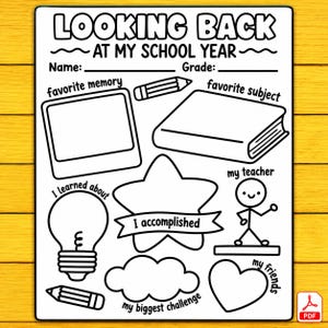 Può includere: Una scheda scolastica in bianco e nero intitolata LOOKING BACK AT MY SCHOOL YEAR con spazi per nome e classe, caratterizzata da illustrazioni a linee per ricordi, materie preferite, insegnanti e amici.