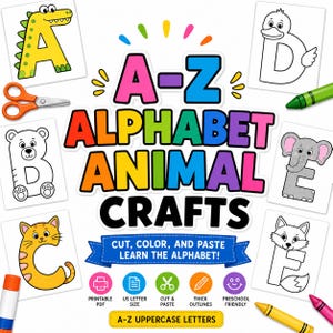 Può includere: Un set di attività manuali digitali intitolato A-Z ALPHABET ANIMAL CRAFTS con il testo CUT, COLOR, AND PASTE LEARN THE ALPHABET! Il design presenta lettere colorate e pagine da colorare a tema animale, tra cui un dinosauro, un orso, un gatto, un'anatra, un elefante e una volpe.