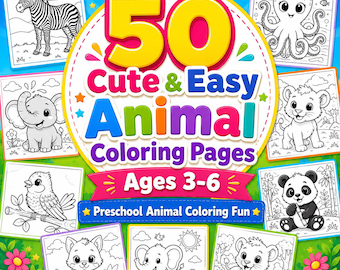 Puede incluir: Portada colorida de un libro para colorear infantil con el texto "50 Cute & Easy Animal Coloring Pages Ages 3-6". La imagen presenta ilustraciones de animales como una cebra, un elefante, un pulpo, un cachorro de león y un panda.