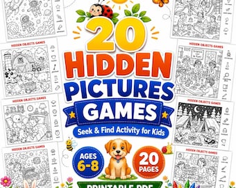 Versteckte Bilder Aktivitäten 20 Seiten, Ich Spioniere Printable für Kids 6-8 , Find & Count PDF