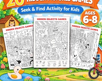 Actividades de imágenes ocultas (20 páginas), Juego de buscar y encontrar imprimible para niños de 6 a 8 años, PDF de encontrar y contar