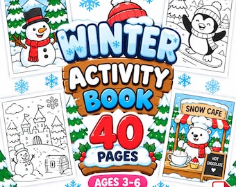 May include: A winter activity book with 40 pages for ages 3-6, featuring a central title graphic with a red hat and four surrounding illustrations including a snowman, a penguin on a snowboard, a winter castle, and a polar bear at a snow cafe.