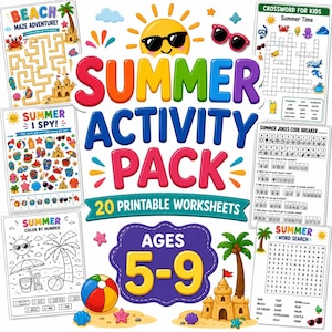 May include: A summer activity pack featuring 20 printable worksheets for ages 5-9. The collection includes a beach maze, summer I spy, colour by number, crossword, word search, and jokes code breaker, all decorated with colourful summer icons.
