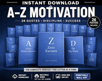 Póster con frases motivacionales de la A a la Z / Arte mural sobre disciplina y mentalidad de éxito (descarga digital)