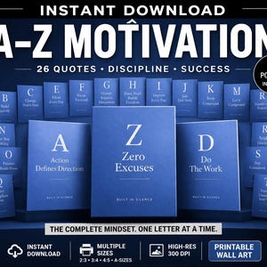 Puede incluir: Una descarga digital con carteles motivacionales de la A a la Z. Cada cartel tiene una letra y una cita relacionada. Los carteles son azules con texto blanco. La imagen incluye el texto "Descarga instantánea" y "Arte mural imprimible".