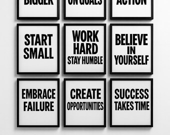 Arte mural con mentalidad emprendedora / Conjunto de 9 láminas motivacionales / Decoración de oficina en blanco y negro