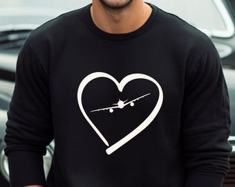 Oversized sweatshirt with heart and airplane | Gift for pilot flight attendant long distance love crew | Unisex S–3XL | black navy maroon