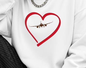 Sweatshirt with heart and airplane | Gift for pilot flight attendant ground crew | Oversized pullover S–2XL | white pink beige grey