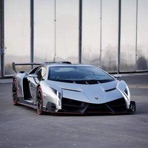 May include: A silver Lamborghini Veneno sports car featuring sharp aerodynamic body lines, a large rear wing, black wheels with red rim accents, and a low-profile front bumper with integrated LED headlights and a small gold emblem.