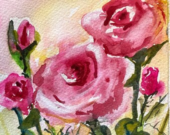 Rose Watercolor Painting, Summer Roses Wall Art, Small Original Art,  Mantle Decor,  Cottagecore Wall Art, Pink Roses For a Girl's Room