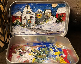 Acrylic in Altoids Tin, Collectible Original Art , Hostess Gift, Winter Village Miniature Painting, Christmas Eve , Gift For Art  Collector