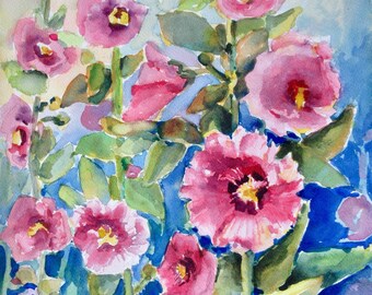 Hollyhocks Painting Original Watercolor Pink Floral landscape  Gift of Art One of a Kind Art Bedroom Living Room Bathroom Wall Decor