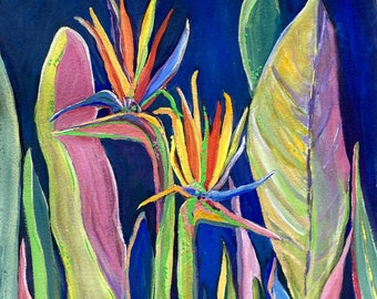 Original Gouache and Watercolor, Birds of Paradise Gouache Painting, Tropical Painting, Colorful Wall Art, 20" x 15", Large Floral Painting