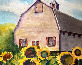 Sunflowers and Barn  Watercolor Original Painting New England Country Landscape Wall Art Gift for Sunflower Lover