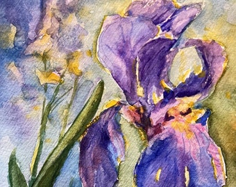 Iris Painting, Small Watercolor, Handmade Original Iris Painting, Iris Wall Art, Gift for Her, Mantle Decor, Purple Iris, Modern Art